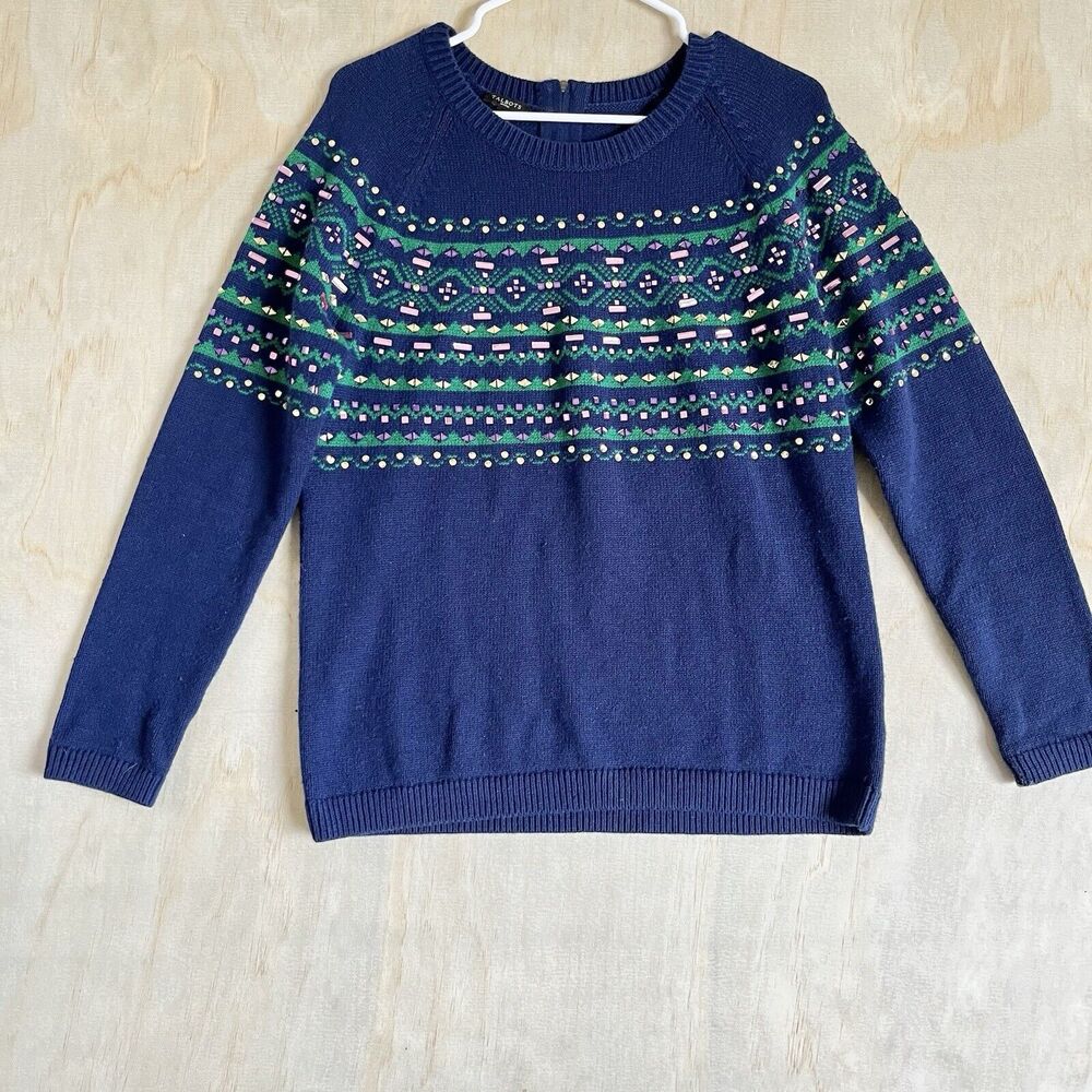 TALBOTS Blue Fair Isle Sweater Jeweled Crystal Embellished Lambswool Petite Sz L
